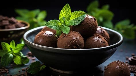 Un Bol De Truffes Au Chocolat Avec De La Menthe Sur Une Surface Sombre