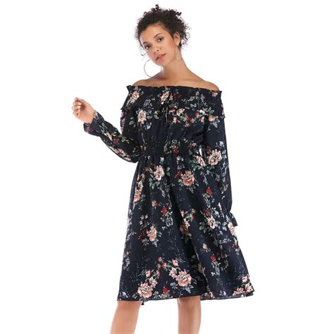 2019 Volocean Autumn Women Dresses Print Dress Women Slash Neck Female