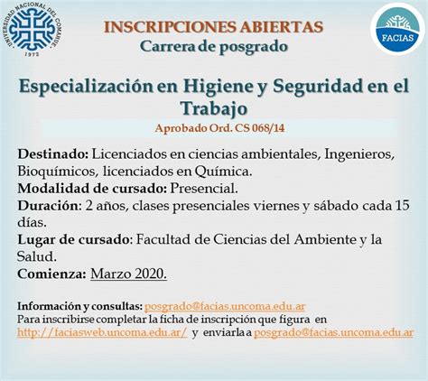 CARRERA DE POSGRADO ESPECIALIZACION EN HIGIENE Y SEGURIDAD EN EL