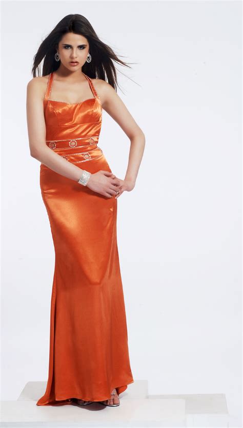 Graceful Orange Halter Sheath Floor Length Satin Prom Dress With Sequins