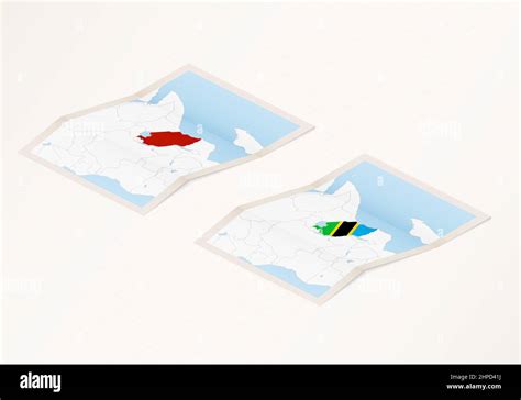 Two Versions Of A Folded Map Of Tanzania With The Flag Of The Country