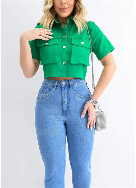 Camisa Cropped Sarja Button Onlauri