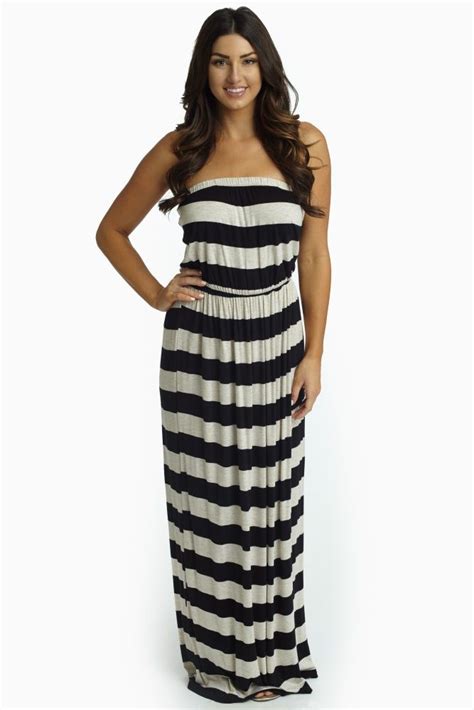 Black Beige Striped Strapless Maxi Dress Maxi Dress Dresses