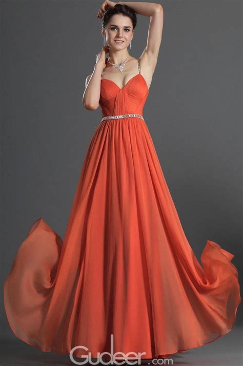 Rhinestone Spaghetti Straps Empire Waist Orange Chiffon Evening Dress