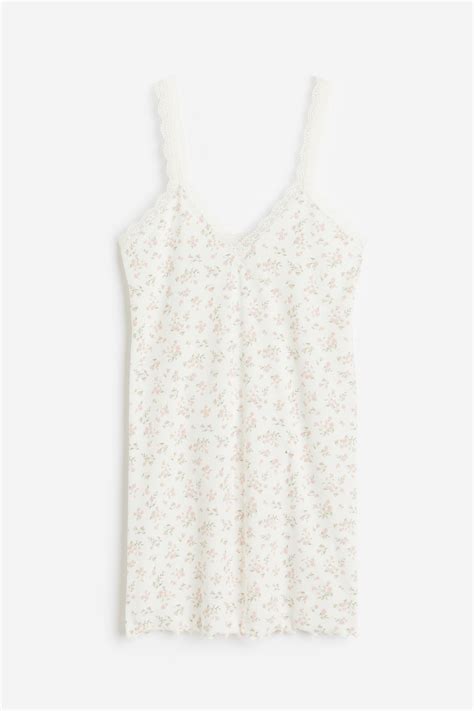 Lace Trimmed Ribbed Nightslip White Floral Ladies Handm Gb