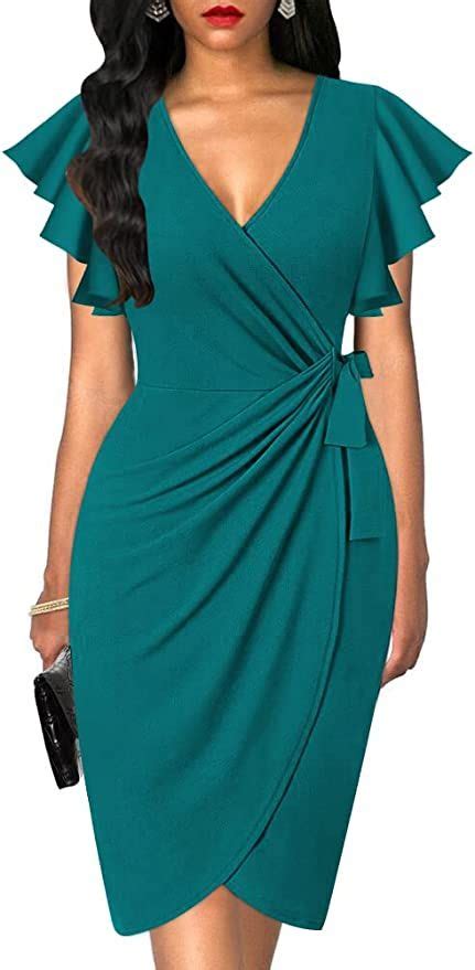 Oten Womens Deep V Neck Ruffle Sleeve Sheath Casual Cocktail Party Work