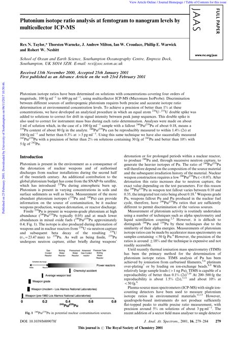 PDF Plutonium Isotope Ratio Analysis At Femtogram To Nanogram Levels