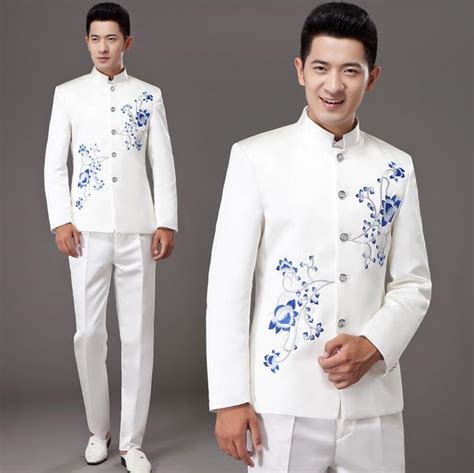 White Stand Collar Porcelain Costume Slim Men Chinese Tunic Suit Set