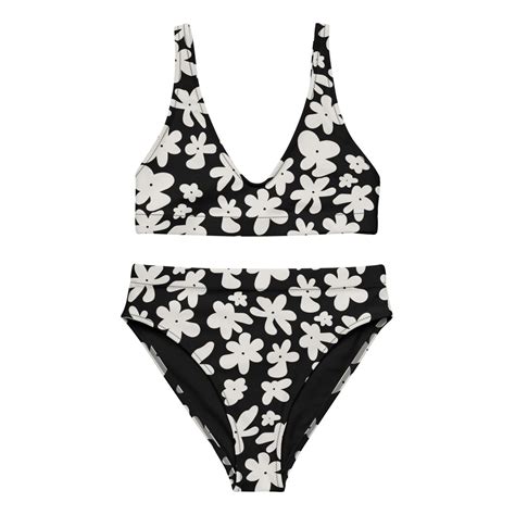 Black And White Floral Printed Bikini Set For Women Swimwear High