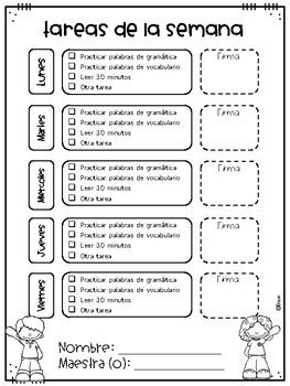 Tarea De La Semana Weekly Homework By Bravo TpT