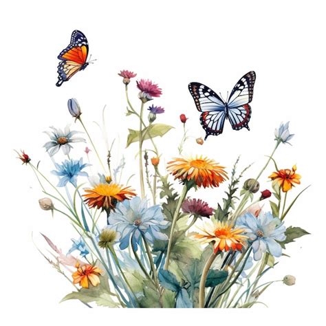 Premium Photo A Watercolor Painting Of Flowers With Butterflies On Them