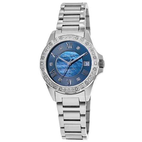 Bulova Marine Star Blue Mother Of Pearl Diamond Dial Stainless Steel Womens Watch 96r215