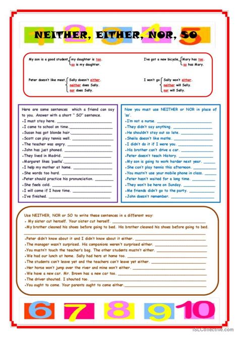 Neither Either Nor So English Esl Worksheets Pdf Doc