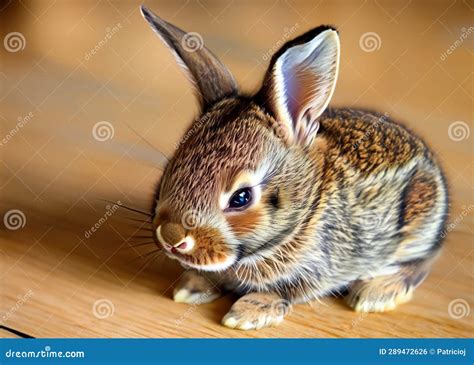 Cute Brown Baby Bunny Rabbit Sitting On A Hard Wood Floor Stock Photo