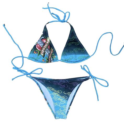 Stunning diamanté blue ed hardy print bikini Such Depop