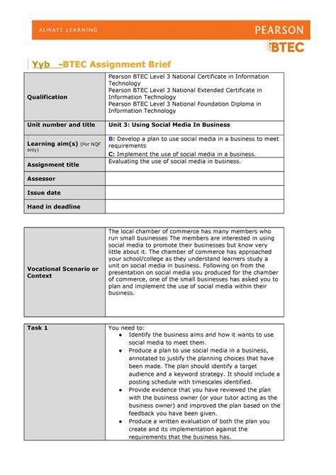 Unit Authorised Assignment Brief For Learning Aim B And C Using