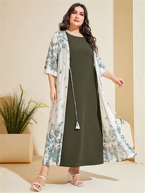 Shein Najma Plus Floral Print Tassel Tie Coat Dress Shein Usa