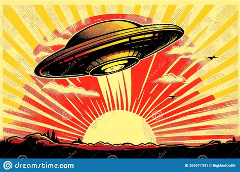 Extraterrestrial Ufo Flying Saucer Dynamic View Colorful Illustration