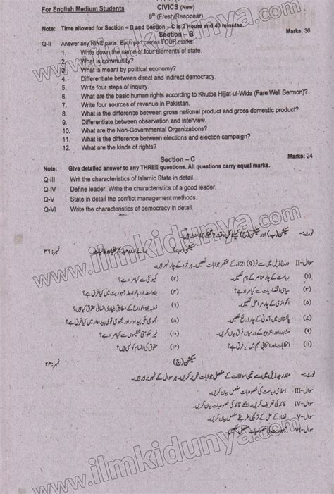 Past Paper 2022 Peshawar Board 9th Class Civics Subjective