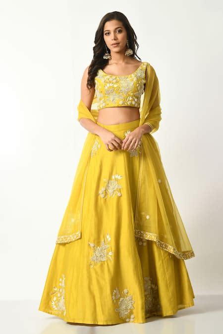 Buy Yellow Chanderi And Organza Embroidery Floral Scoop Neck Lehenga