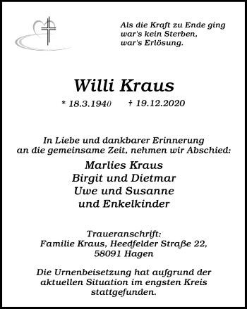 Traueranzeigen Von Willi Kraus Trauer In Nrw De