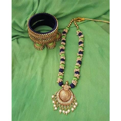 Green Blue Anniversary Silk Thread Necklace Set Packaging Type Box At