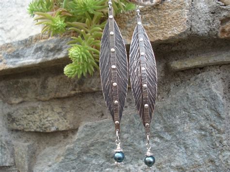 Unique Hammered Silver Long Leaf Riveted Earrings Tahitian Etsy