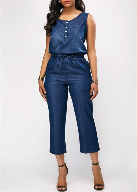 Button Detail Drawstring Waist Sleeveless Denim Jumpsuit Rotita