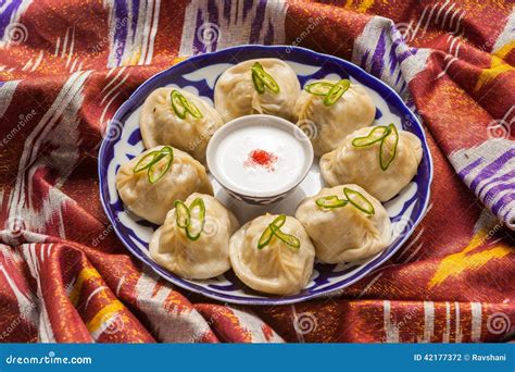 Uzbek National Food Manti On Traditional Fabric Adras Stock Photo ...