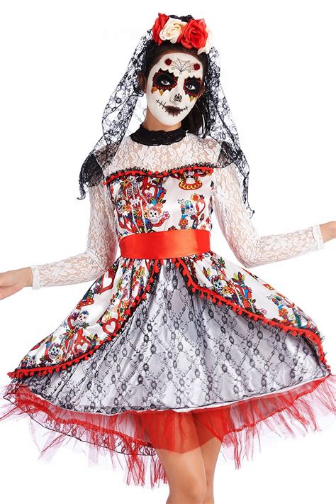 Ladies Day Of The Dead Sugar Skull Halloween Fancy Dress Costume Day