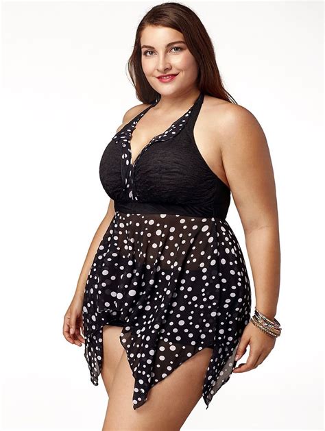 Chic Plus Size Halter Polka Dot Pattern Two Piece Swimsuit For Women