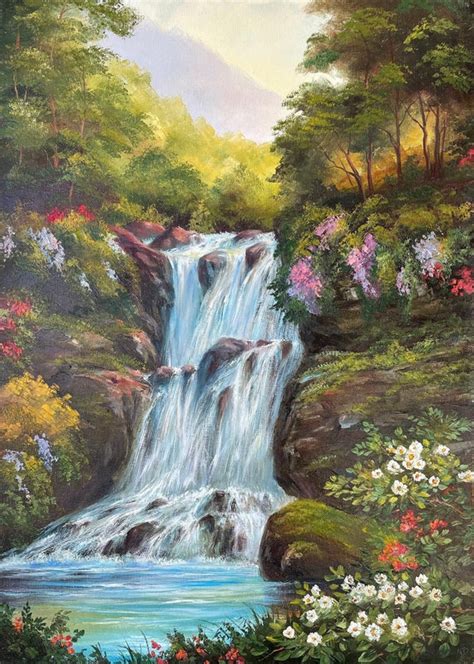 Tropical Waterfall Original Painting On Canvas Landscape Wall Etsy