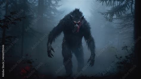 Sinister werewolf with red eyes in gloomy night forest shrouded in mist, full body portrait of ...