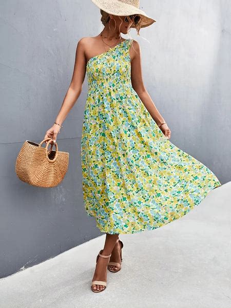 One Shoulder Floral Print Smocked Maxi Dress Ncocon