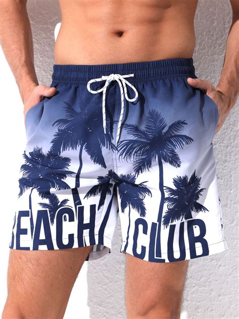 Hombres Shorts De Natación Con Estampado De Palmera Y Letra De Cintura