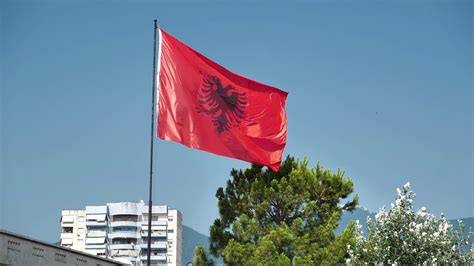 National Flag Of Republic Of Albania In Tirana City Red Flag With