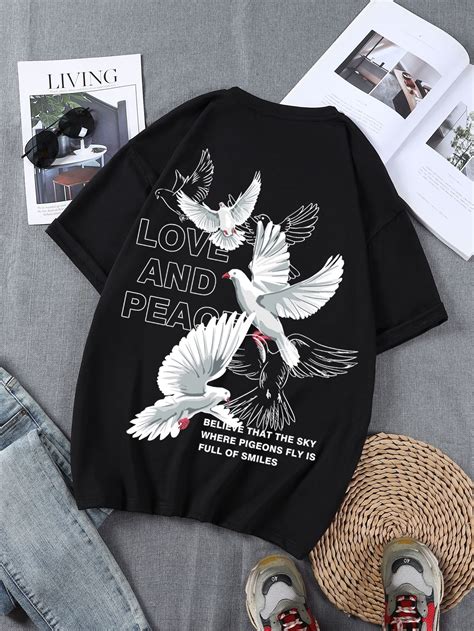 Men Slogan And Pigeon Print Tee In 2024 Cool Shirt Designs Printed