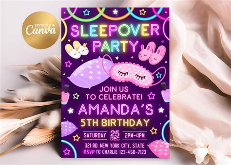 Sleepover Birthday Invitation Sleepover Invitation Slumber Party