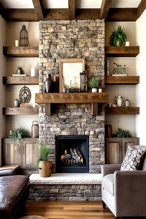 Cozy Living Room Featuring A Rustic Stone Fireplace With Wooden Built Ins On Both Sides