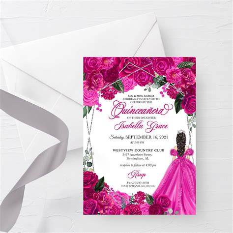 Editable Invitation Elegant Fuchsia Pink And Silver Floral Etsy