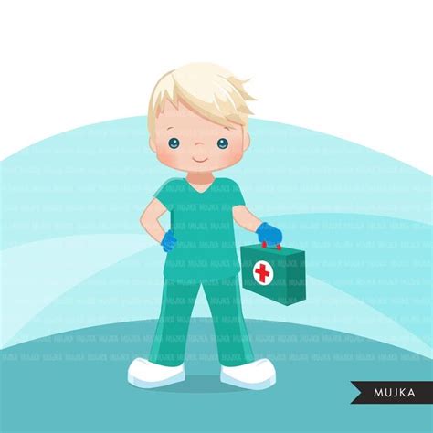 Male Nurse Clipart With Mask Green Scrubs Hospital Graphics Print And