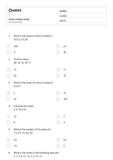 50 Mean Median And Mode Worksheets For 8th Year On Quizizz Free And Printable