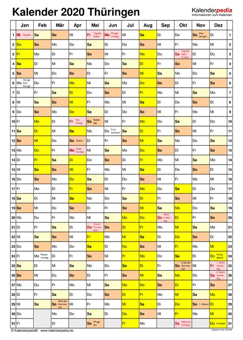 Kalender Th Ringen Ferien Feiertage Excel Vorlagen