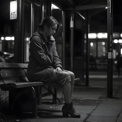 A Woman Sits On A Bench Outside Of A Bus Stop Premium Ai Generated Image