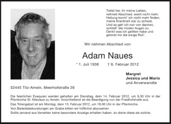 Traueranzeigen Von Adam Naues Aachen Gedenkt