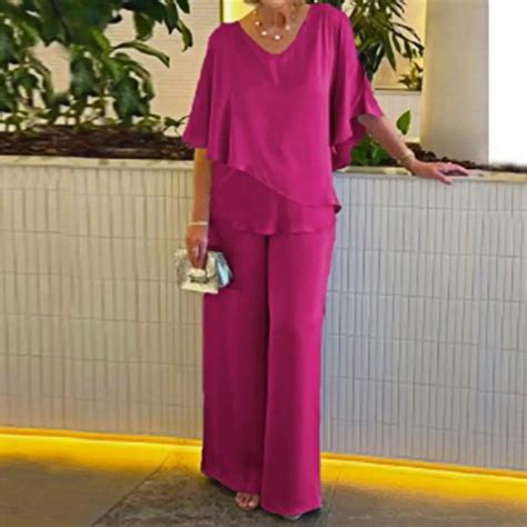 Trousers Sets Pants Suit Elegant V Neck Bat Sleeve Top Wide Leg Pants