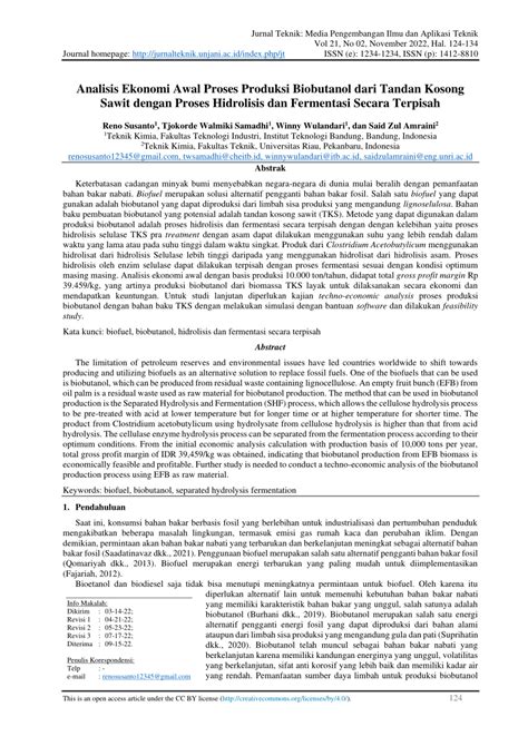 PDF Analisis Ekonomi Awal Proses Produksi Biobutanol Dari Tandan