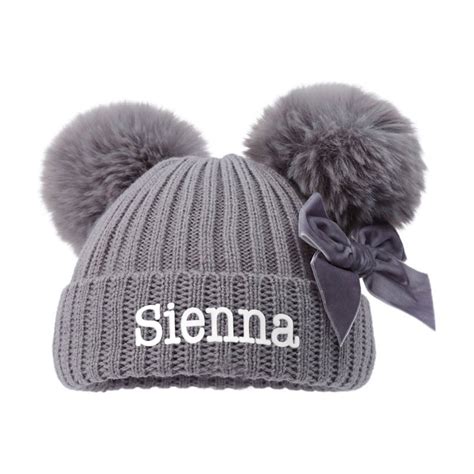 Personalised Baby Girls Double Pom Pom Hat With Bow In Grey