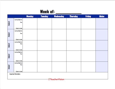 Weekly Lesson Planning Template Teachervision Calendar Template 2022