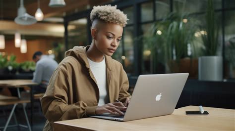 A young woman is working on her laptop in a modern cafe